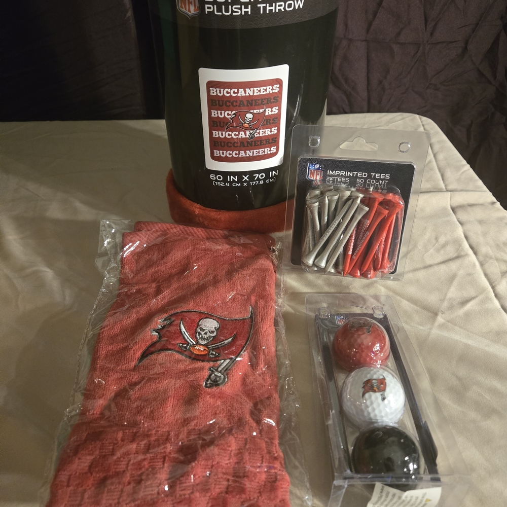 NFL Buccaneers Bundle - Super Soft Plush Throw, Golf Balls And Tees, Golf Towel